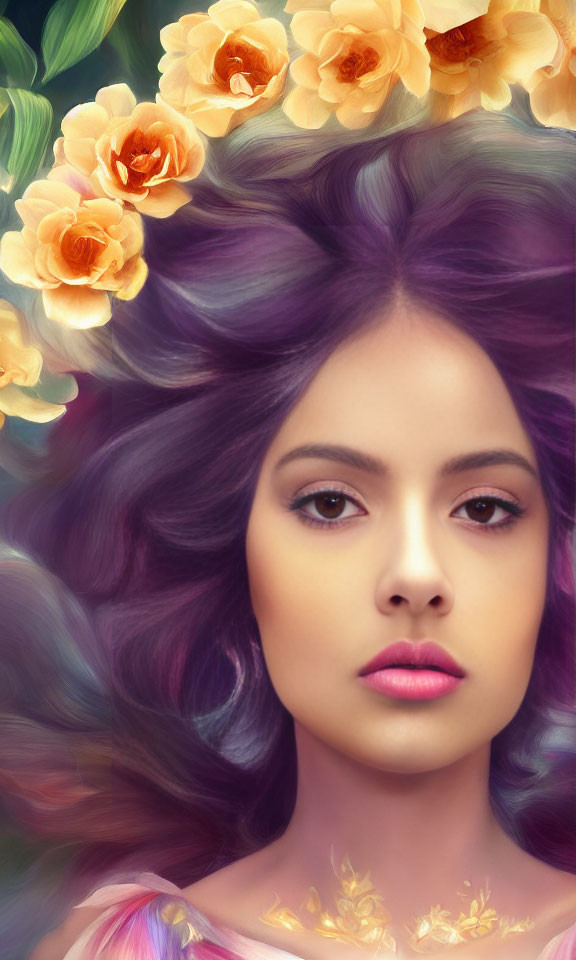 Surreal portrait of woman with purple hair in floral backdrop