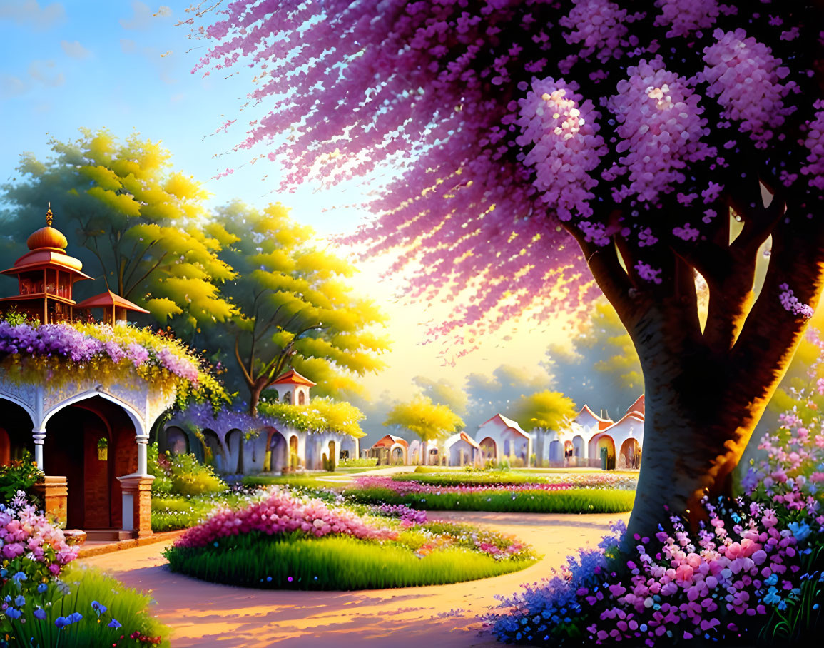 Vibrant garden scene with blooming trees and archways