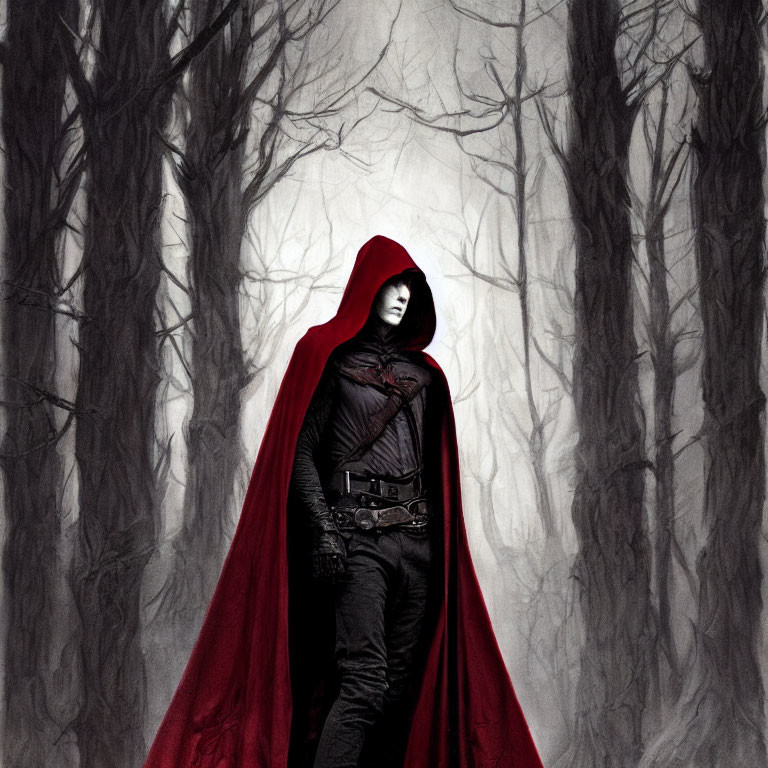 Mysterious figure in red cloak and dark armor in gloomy forest