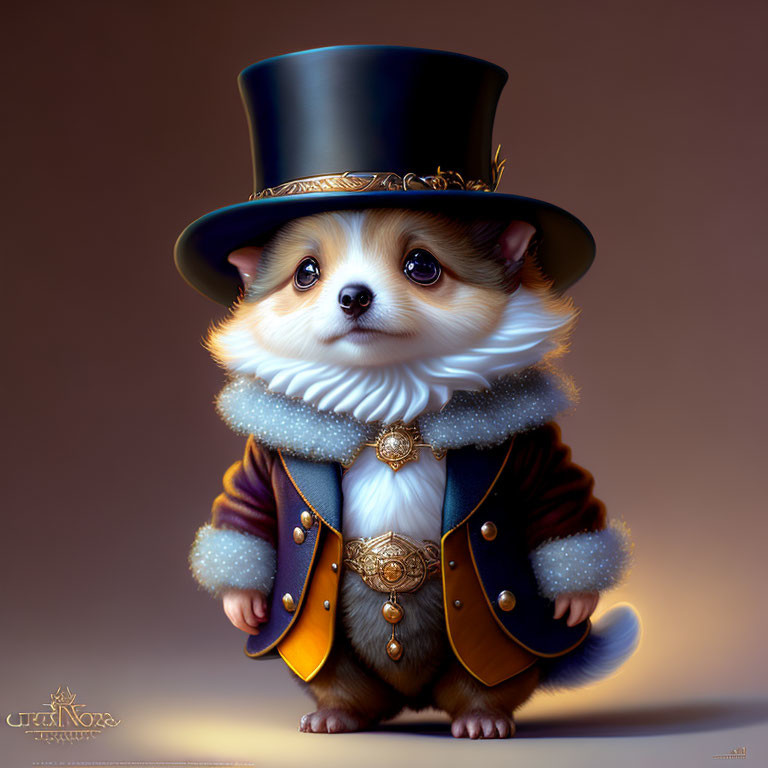 Cute corgi in stylish attire and top hat standing elegantly