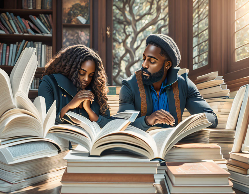 Two people reading surrounded by open books in a sunlit library