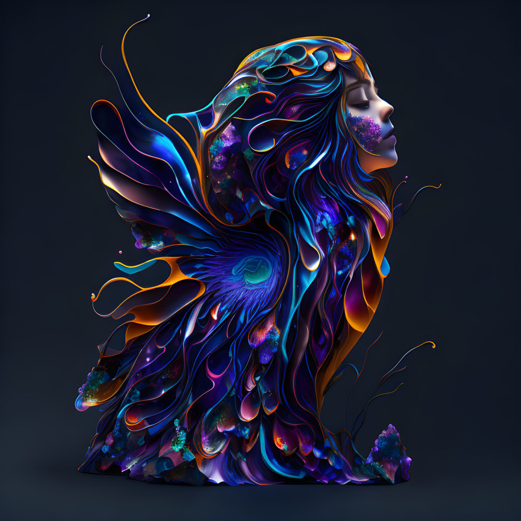 Colorful 3D artwork of woman's profile with abstract floral and aquatic patterns