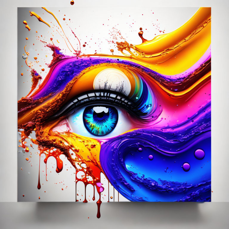 Colorful Eye Artwork with Flowing Paint Splashes in Yellow, Purple, Blue, and Brown