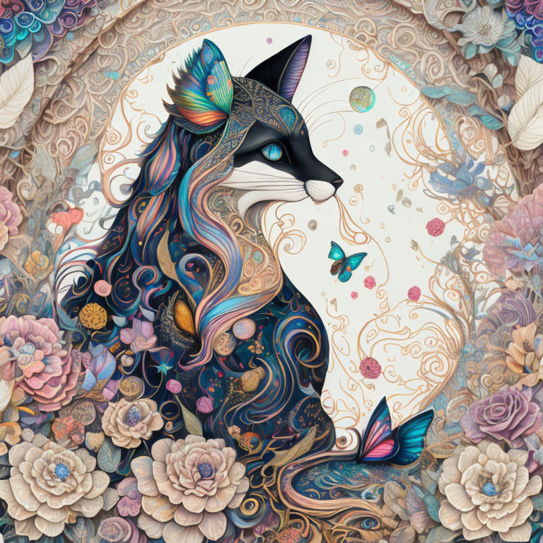 Colorful Whimsical Cat Surrounded by Flowers, Patterns, and Celestial Bodies