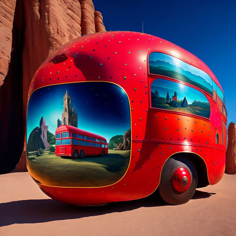 Surreal image of giant strawberry-shaped vehicle with landscape painting and red bus in desert canyon