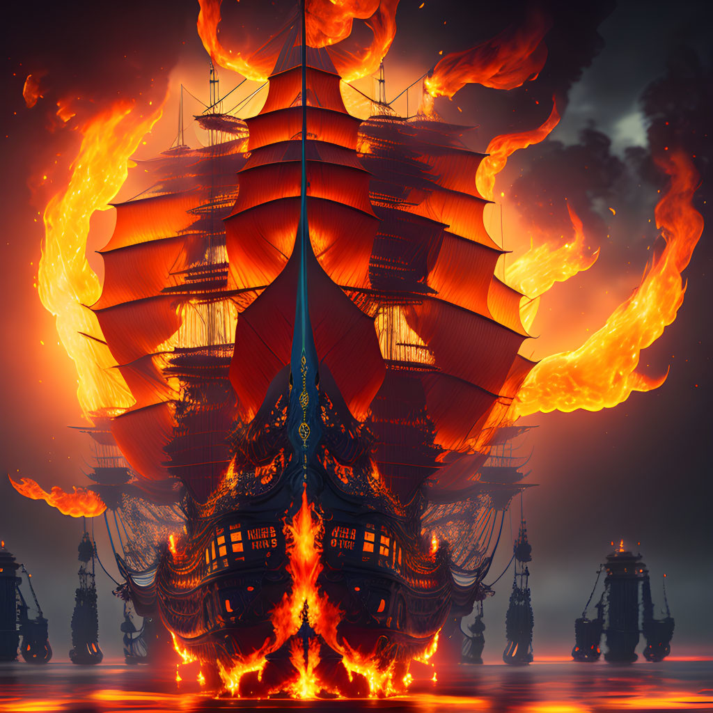 Fiery sailboat with intricate designs on sails above reflective surface