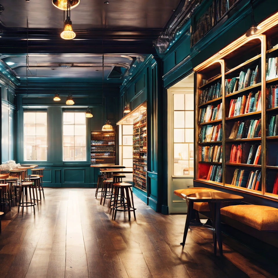 Blue-walled library with wooden tables and bookshelves filled with books