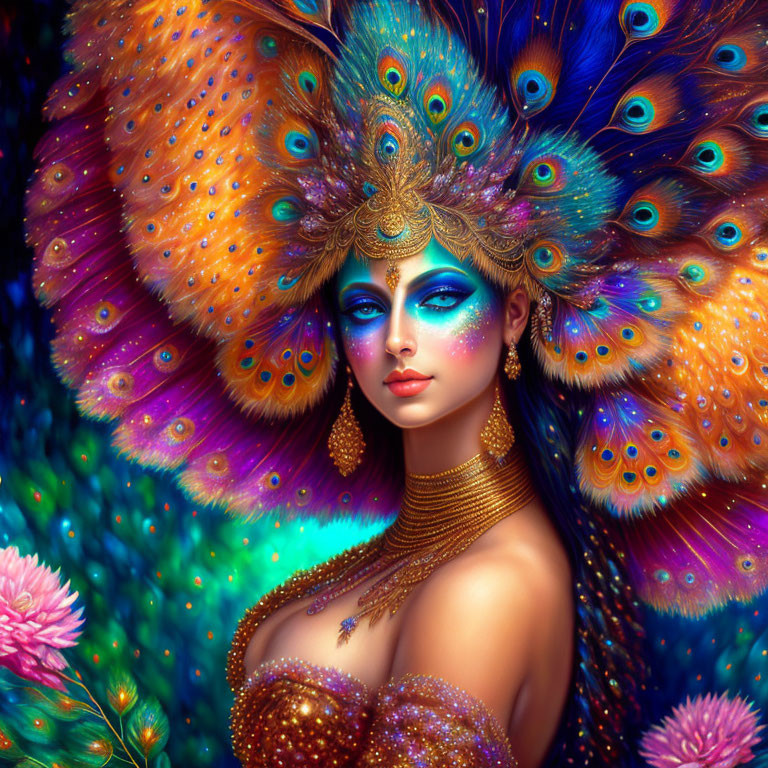 Colorful artwork: person adorned with peacock feathers, gold jewelry, blue makeup, surrounded by lush