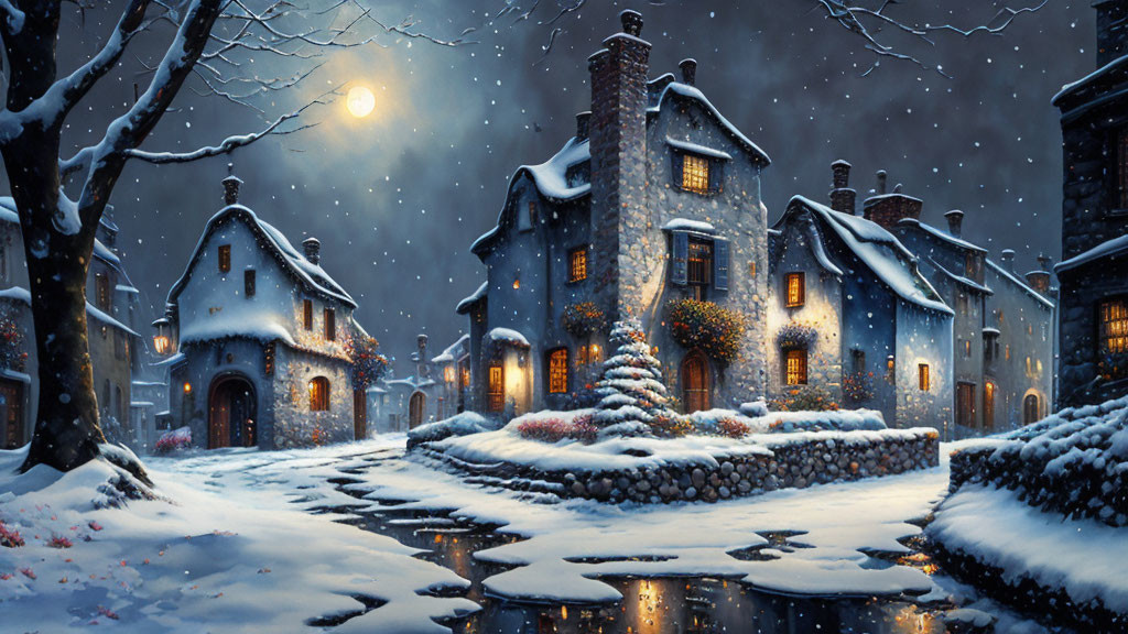 Snow-covered winter village scene with glowing moon and falling snowflakes