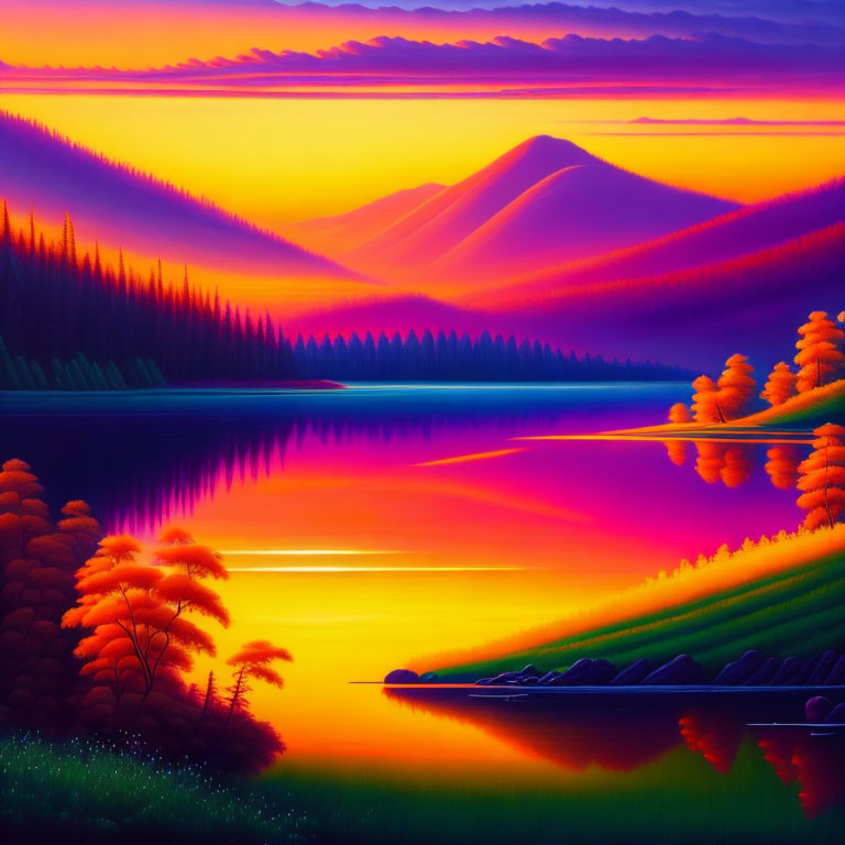 Colorful Sunset Landscape with Lake and Hills