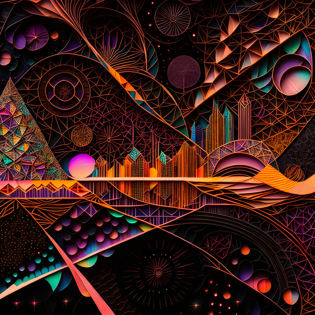 Colorful geometric abstract art with cityscape on cosmic backdrop