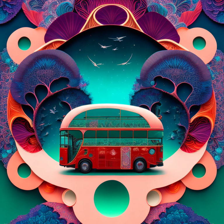 Colorful digital artwork: Red double-decker bus in ornate teal and coral frame