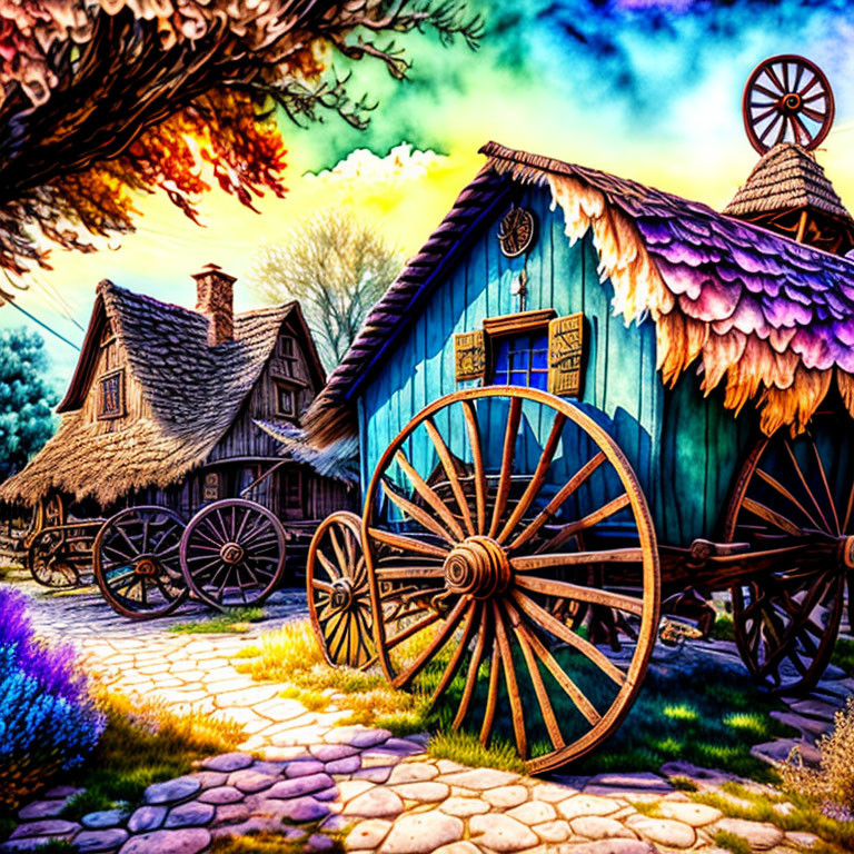 Colorful whimsical artwork of rustic fairy-tale village with cottages, wagons, cobble