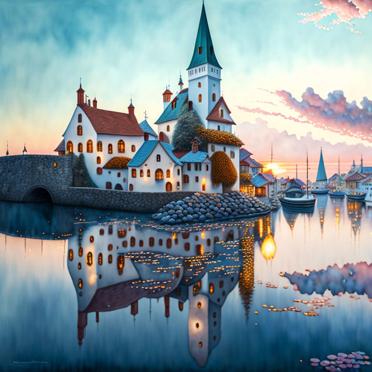 Waterfront castle with stone bridge at sunset.