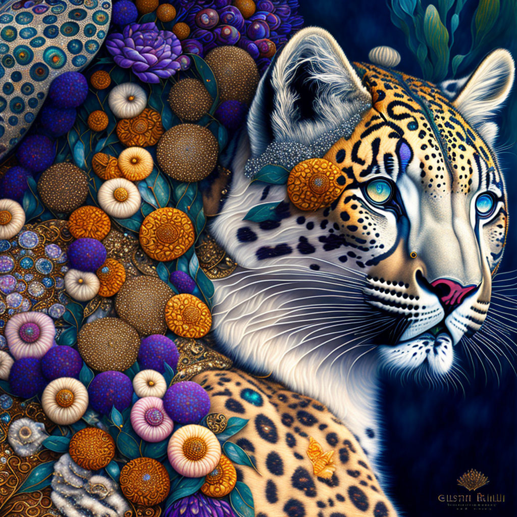 Colorful Leopard Artwork with Exotic Floral Patterns