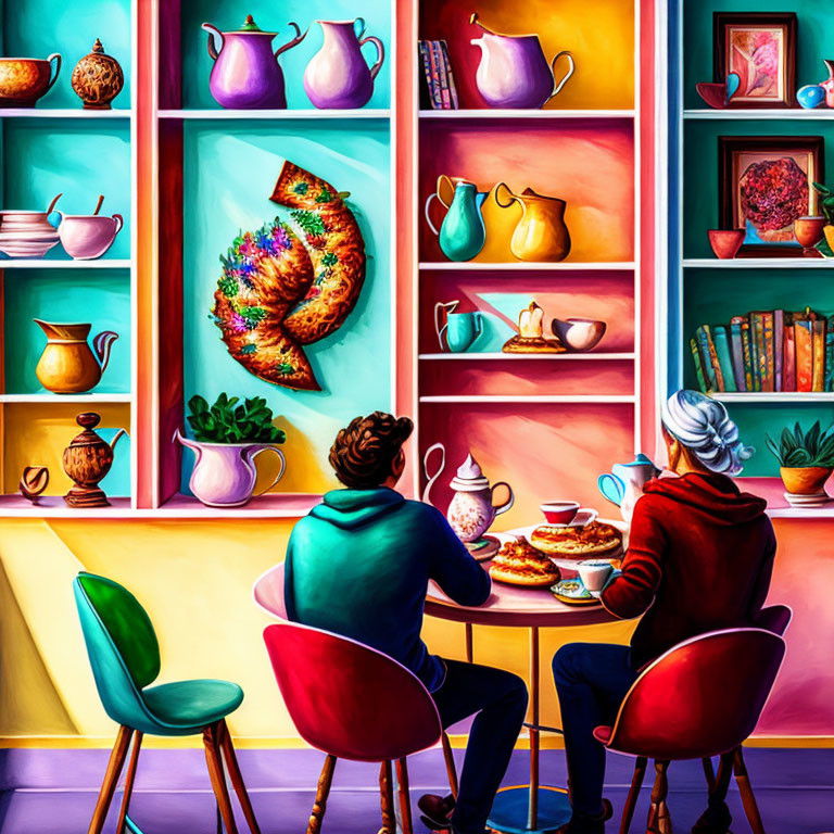 Vibrant Café Scene with Colorful Teapots and Paintings