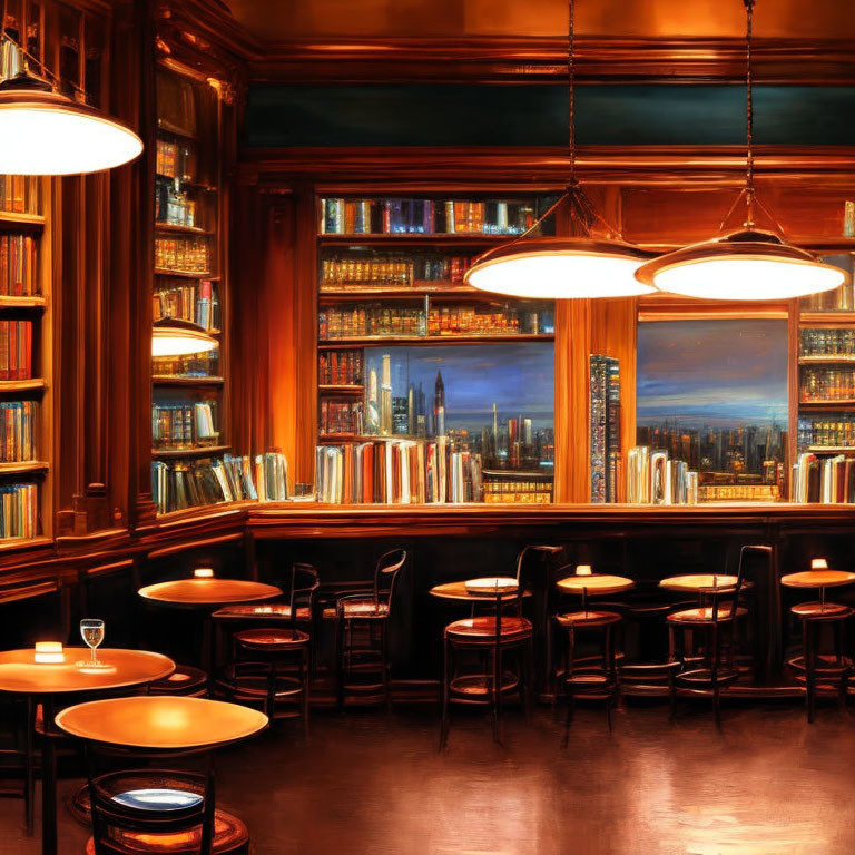 Wooden library bar with book-lined walls, circular tables, stools, and cityscape painting