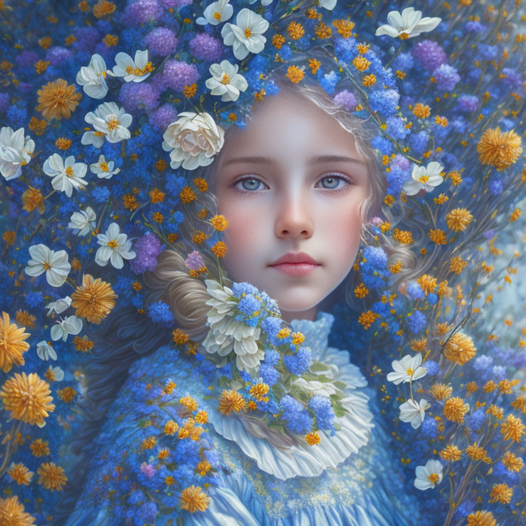 Vibrant flower-filled portrait of a young girl with piercing blue eyes