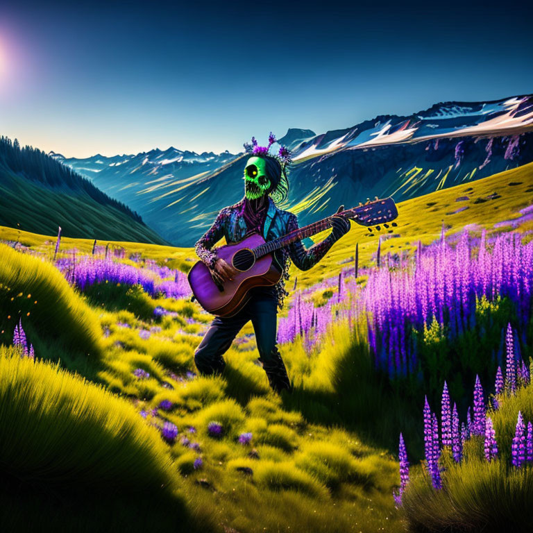 Person in skeleton costume plays guitar in purple flower field at dusk