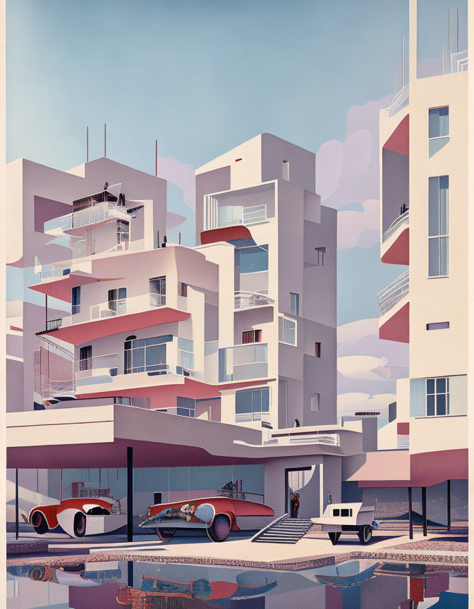 Retro-futuristic cityscape illustration with pastel buildings and vintage cars