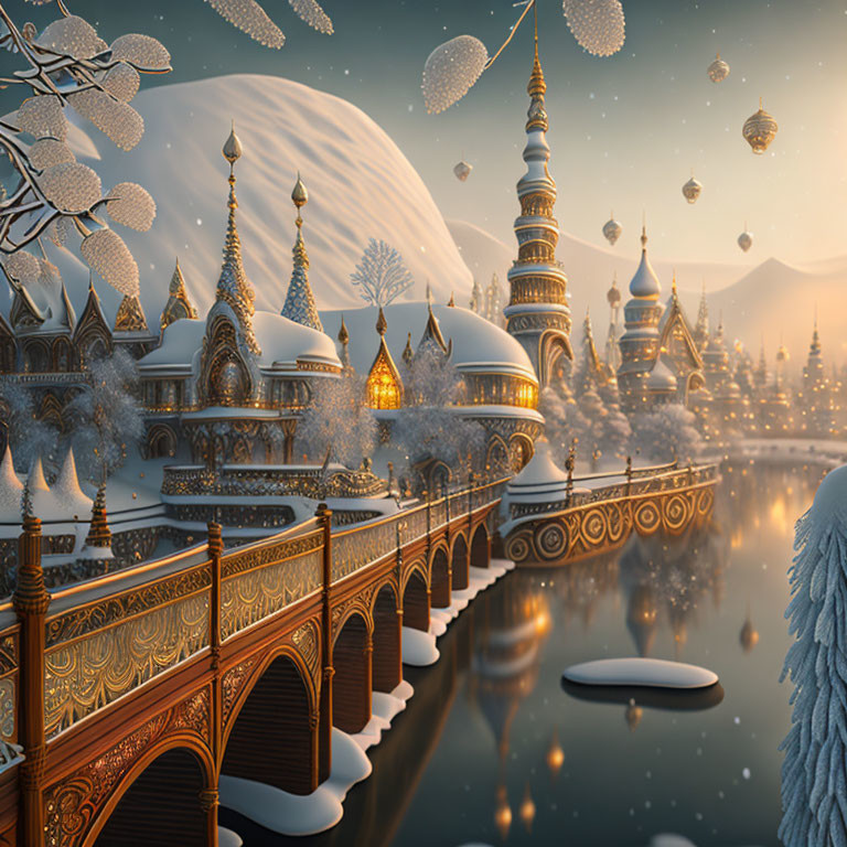 Fantastical winter scene with golden bridges, towers, snow-covered trees, and hot air balloons.