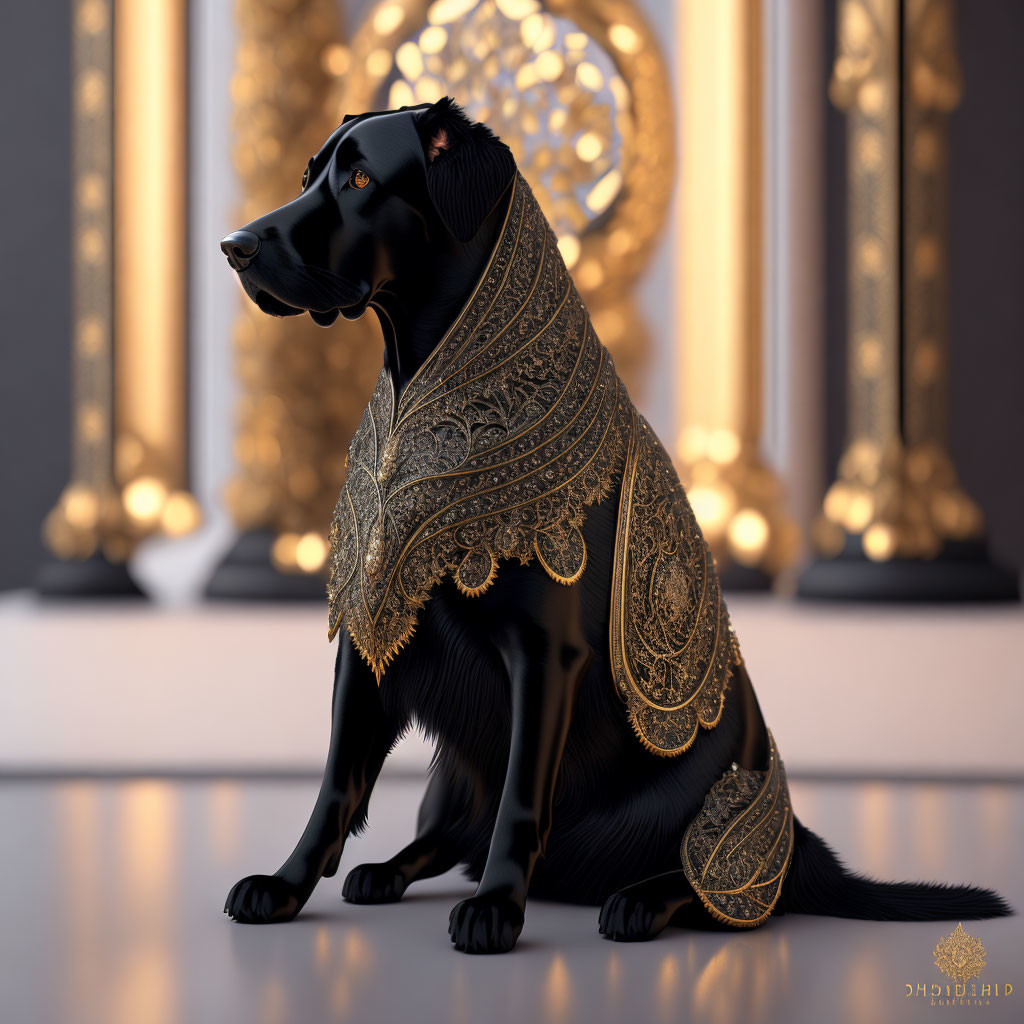 Regal Black Dog in Gold-Trimmed Cloak in Luxurious Room