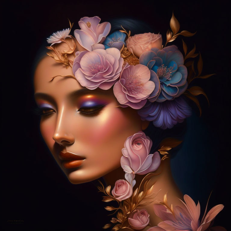 Serene woman with floral headdress on dark background