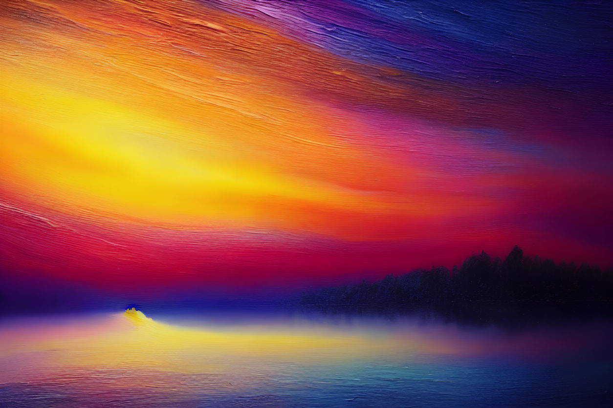 Colorful sunset painting with boat silhouette and water reflection