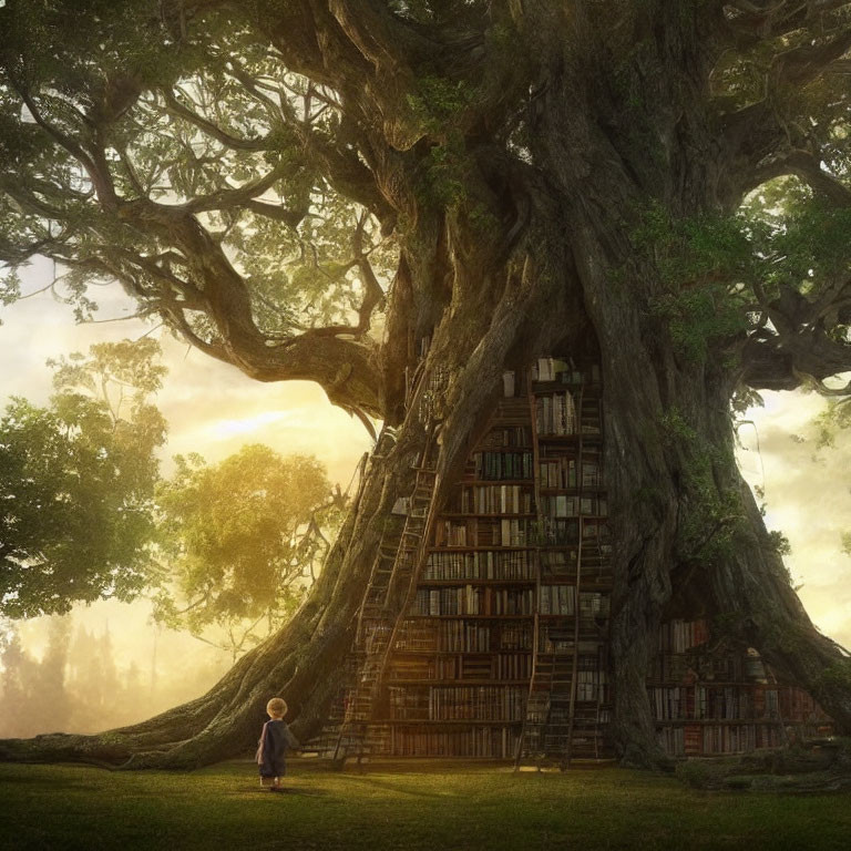 Child standing by ancient tree with book shelves and ladder in mystical forest