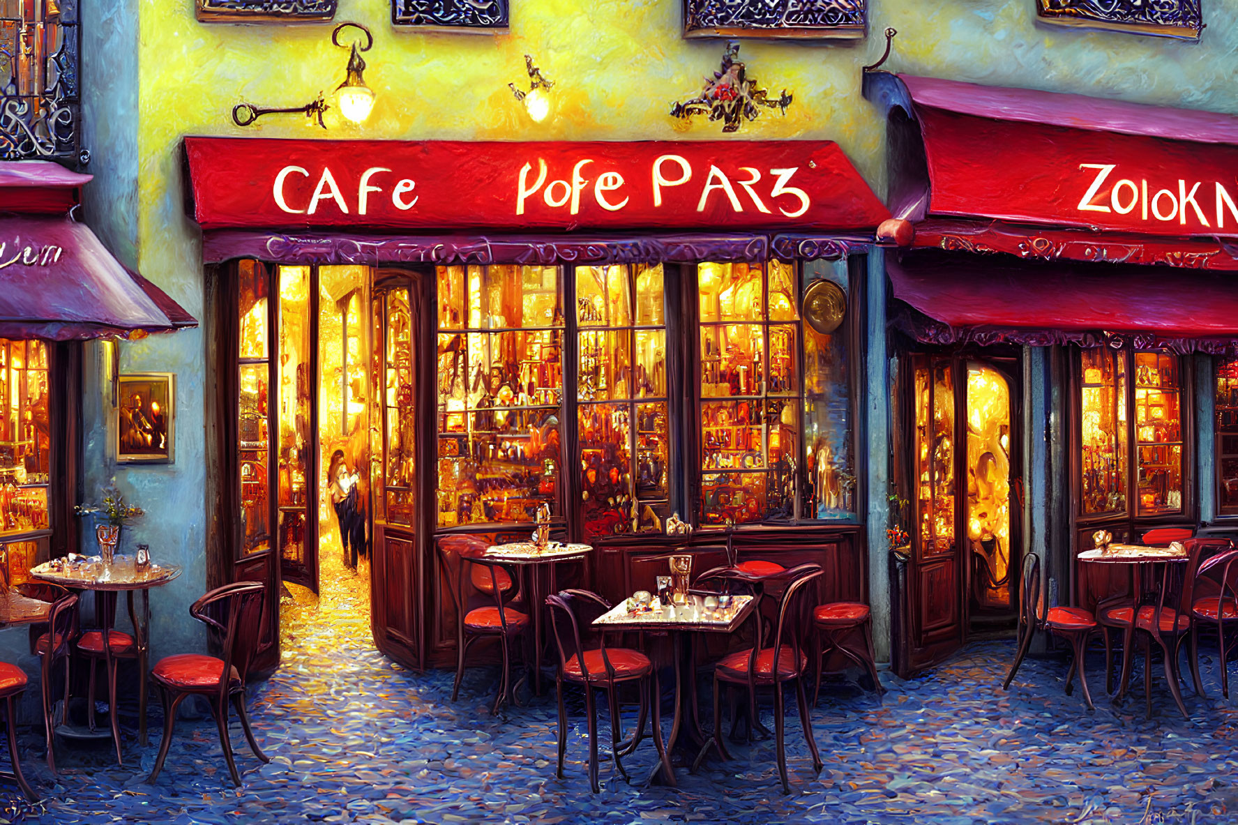 Cozy Parisian Cafe with Outdoor Seating and Blue Cobblestone Street