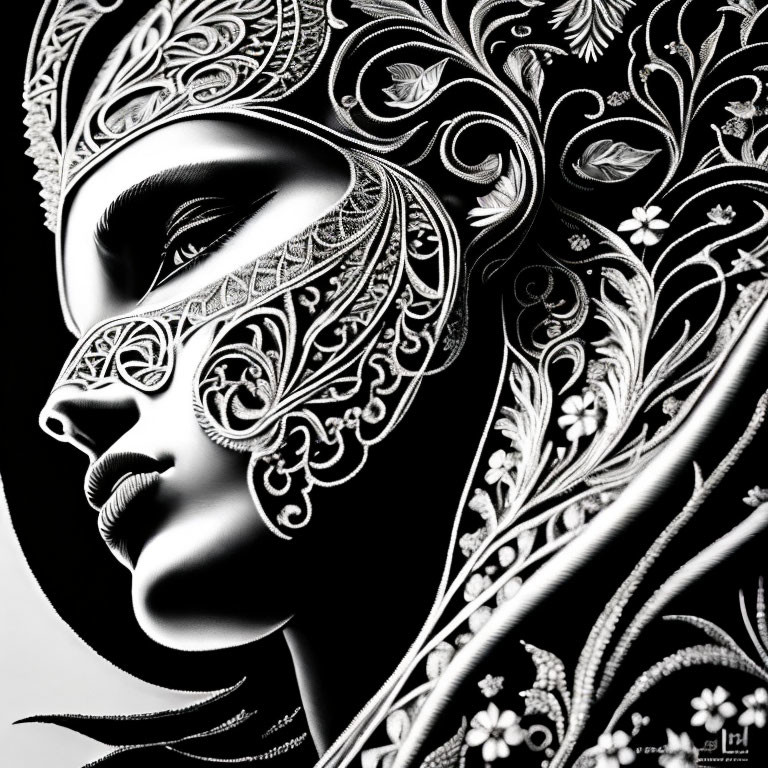 Detailed Monochrome Illustration of Woman with Ornate Floral Mask and Headpiece