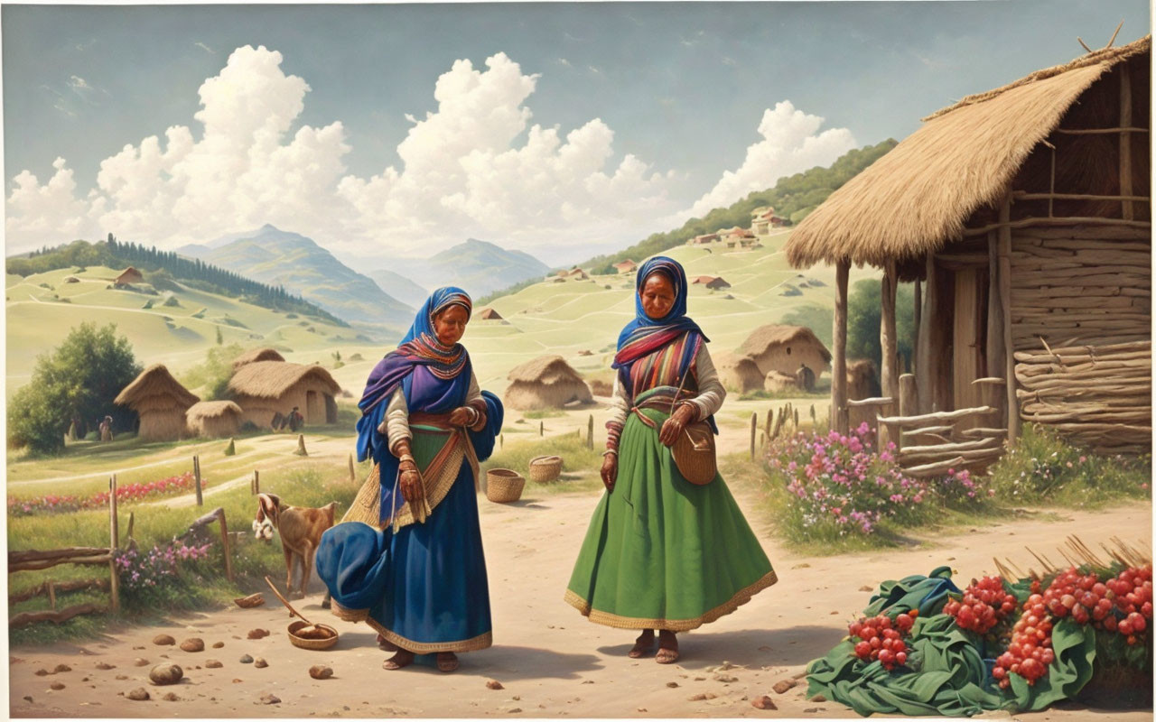 Traditional Attire Women in Rustic Village Setting