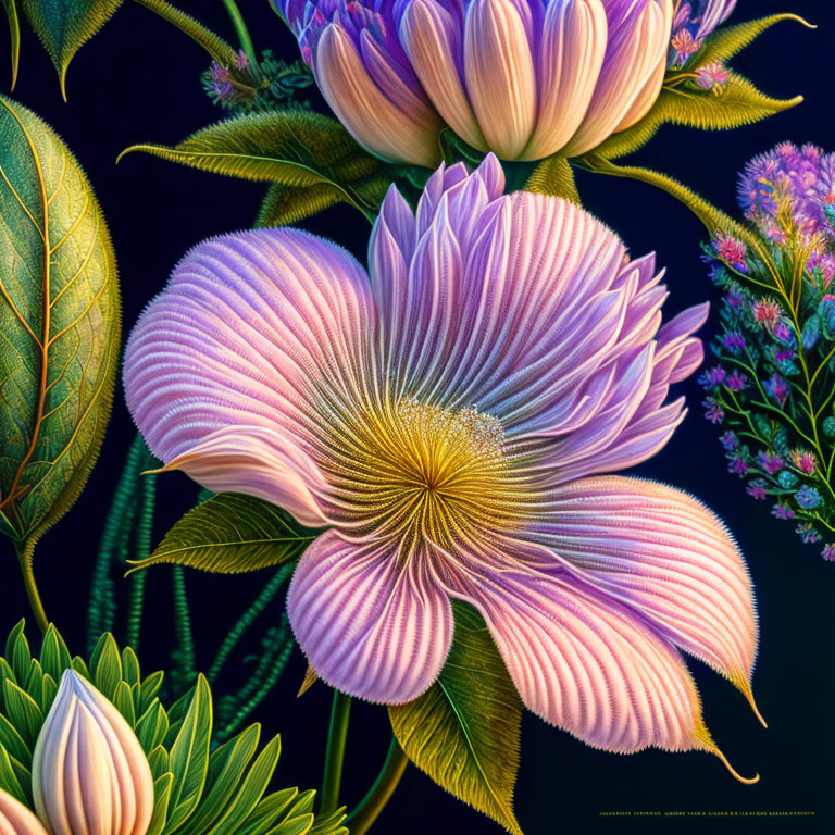 Colorful digital painting of stylized flowers with prominent purple and pink blossom surrounded by lush foliage.