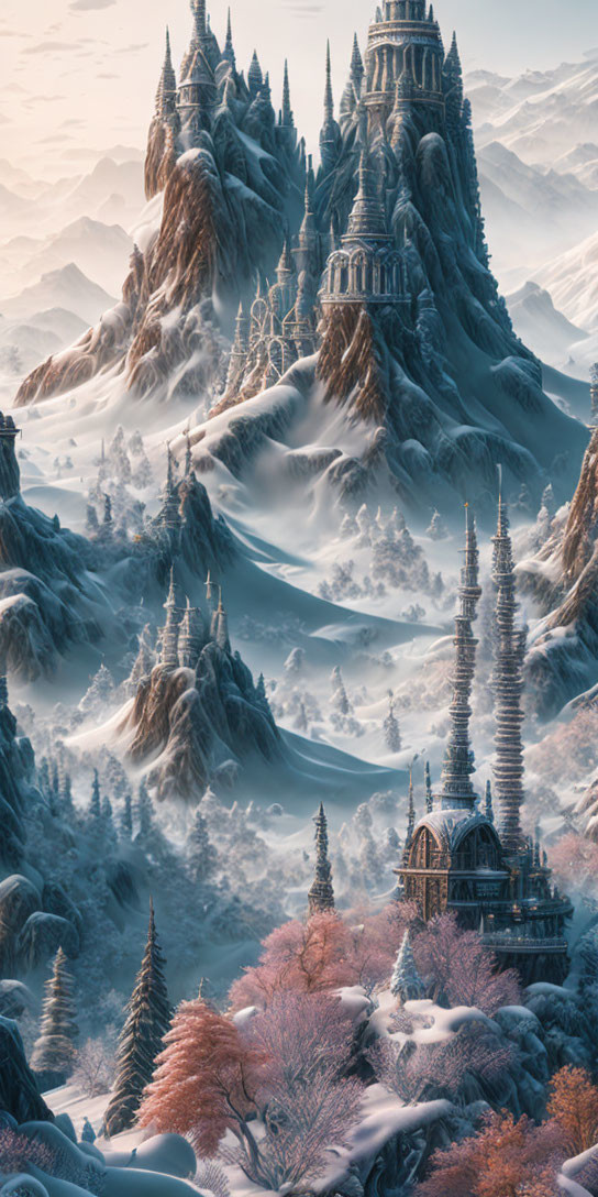 Snow-covered mountains and towering castles in a fantastical winter landscape