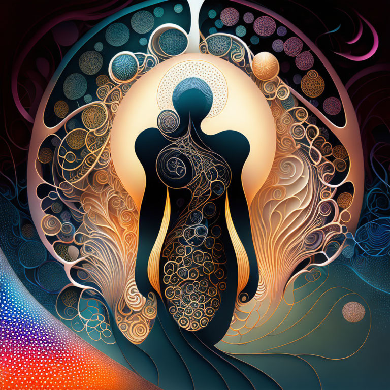 Stylized female figure in abstract digital art with cosmic patterns.