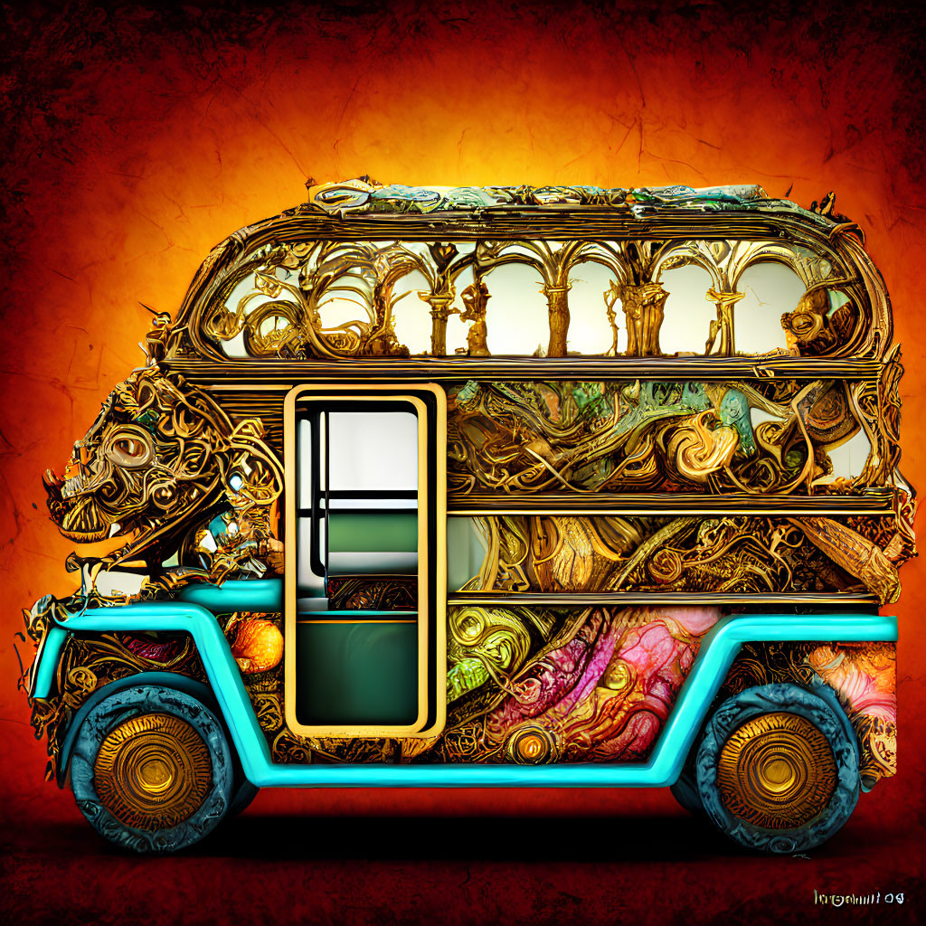 Fantasy-style bus with gold designs and dragon head on fiery backdrop