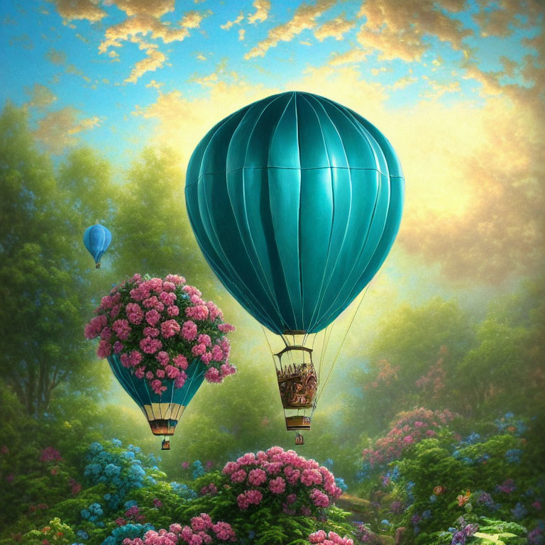 Vibrant hot air balloons over lush pink flower landscape