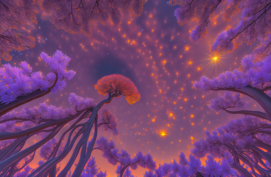 Purple forest under orange twilight sky with unique trees & glowing centerpiece