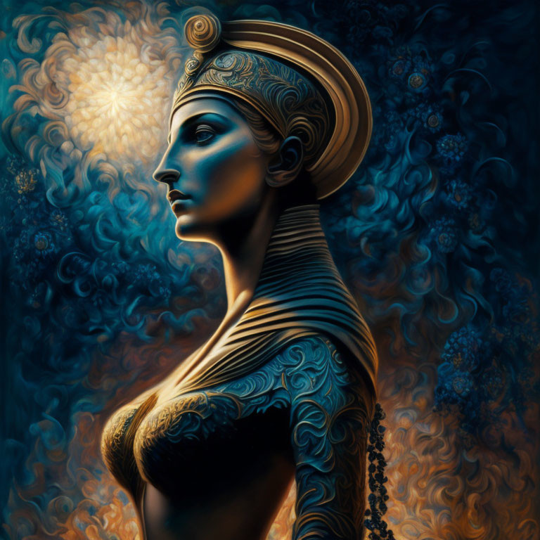 Female Figure with Gold Headdress in Surreal Art Against Blue Background