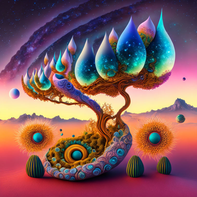 Fantastical tree digital artwork with cosmic leaves on surreal landscape