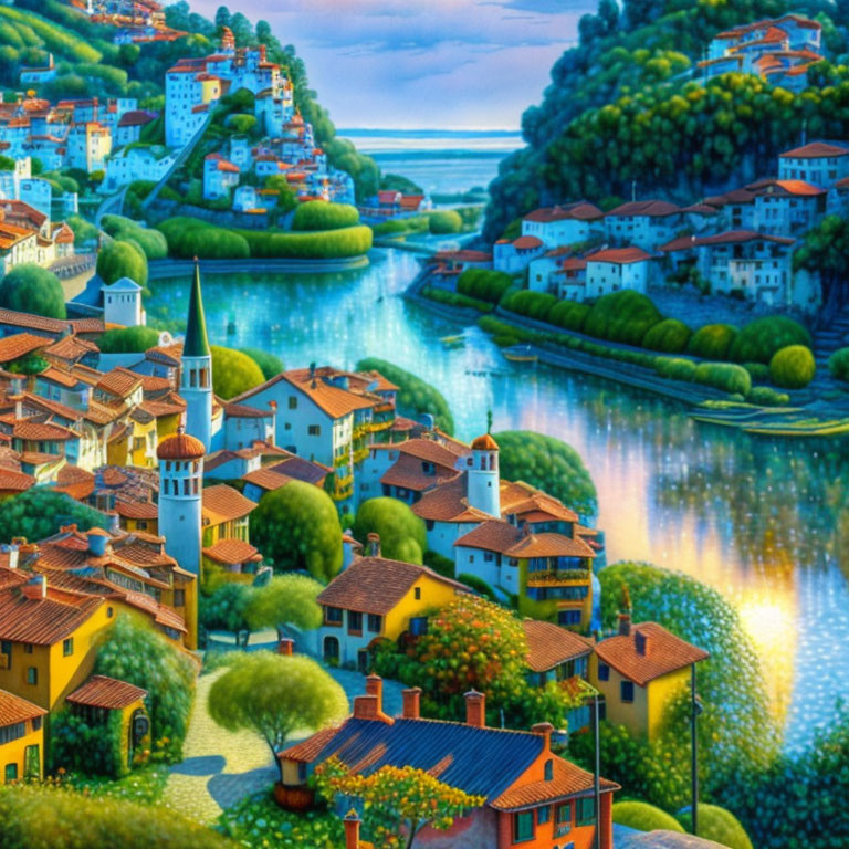 Colorful Painting of Picturesque Town by Winding River