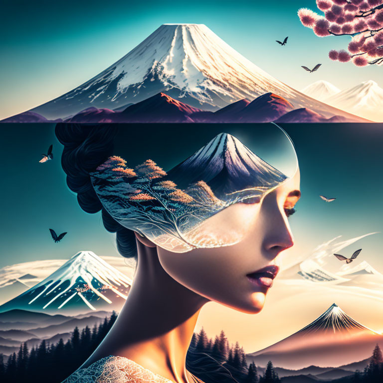 Surreal image: Woman's profile merges with Mount Fuji, cherry blossoms, birds, and