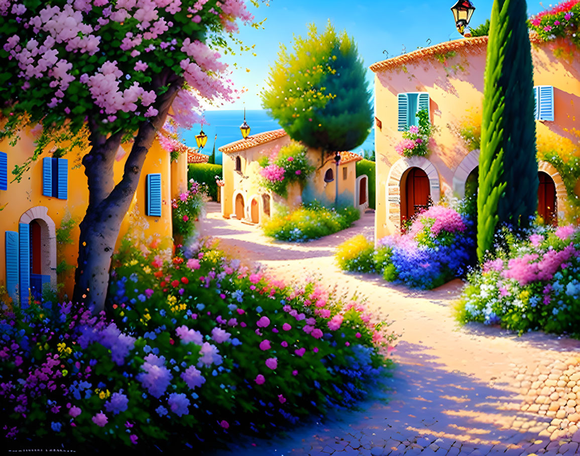 Colorful Painting of Picturesque Village Street with Blooming Flowers