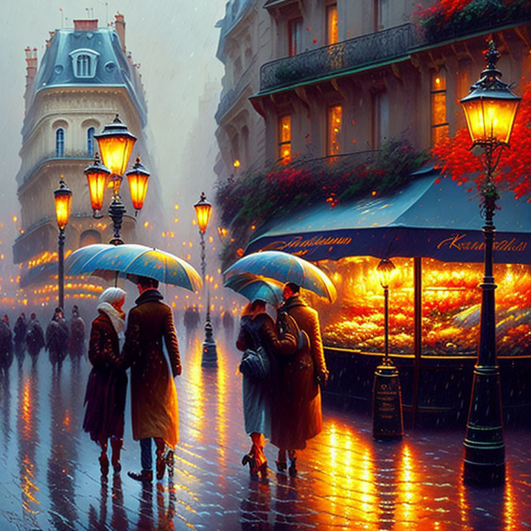 Couples walking on rainy city street under umbrellas