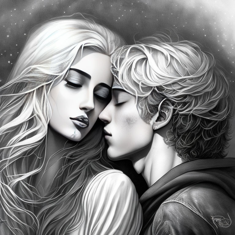 Romantic black and white couple illustration embracing closely.