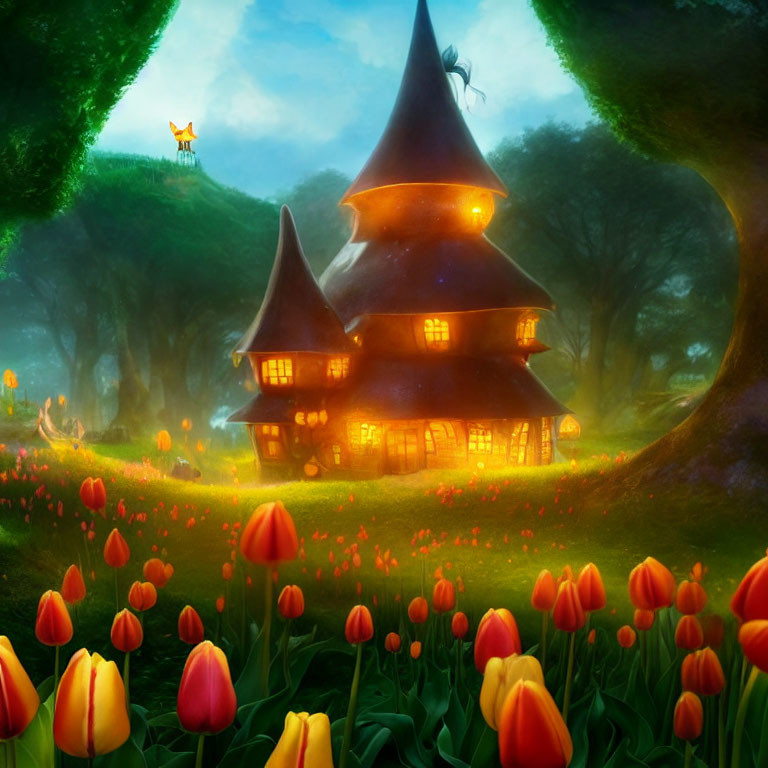 Fairytale cottage with pointy roof in magical forest glade surrounded by tulips