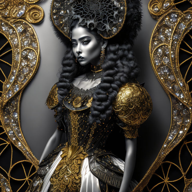 Elaborate gold and black costume with headdress and dramatic makeup on woman.