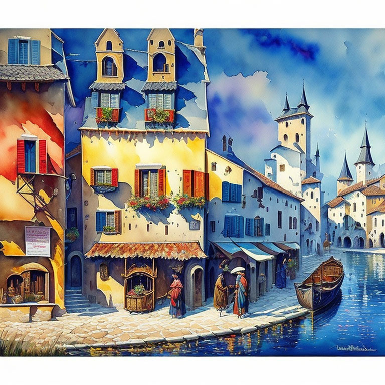 Vibrant watercolor of European village scene