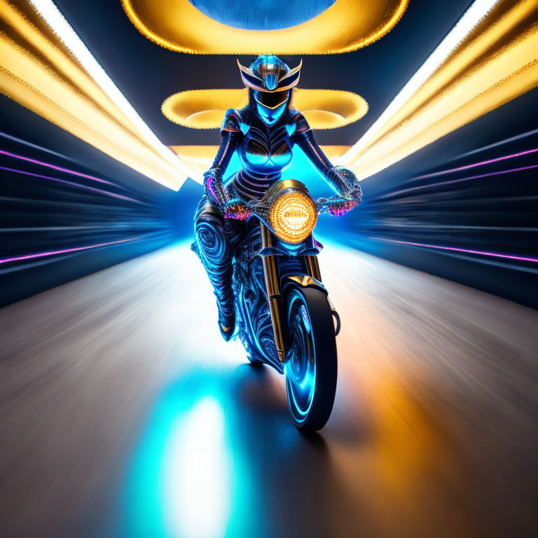 Futuristic rider on neon-lit motorcycle in dynamic tunnel landscape