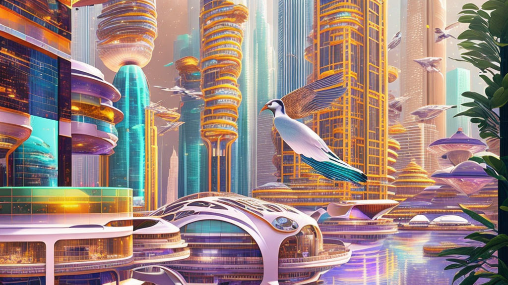 Futuristic cityscape with skyscrapers, floating vehicles, and a colorful bird in a dazzling